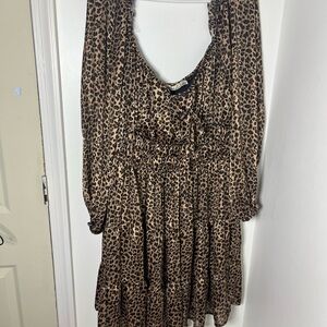 Liberty Love XXL Leopard Print Tiered Dress | Boho Smocked Waist Tie Front